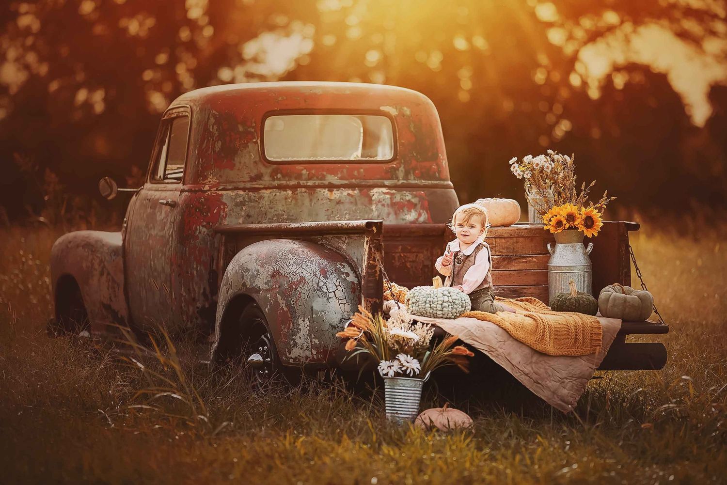 A vintage rusty pickup truck sits in a golden-lit autumn field with white pumpkins and flowers at sunset.