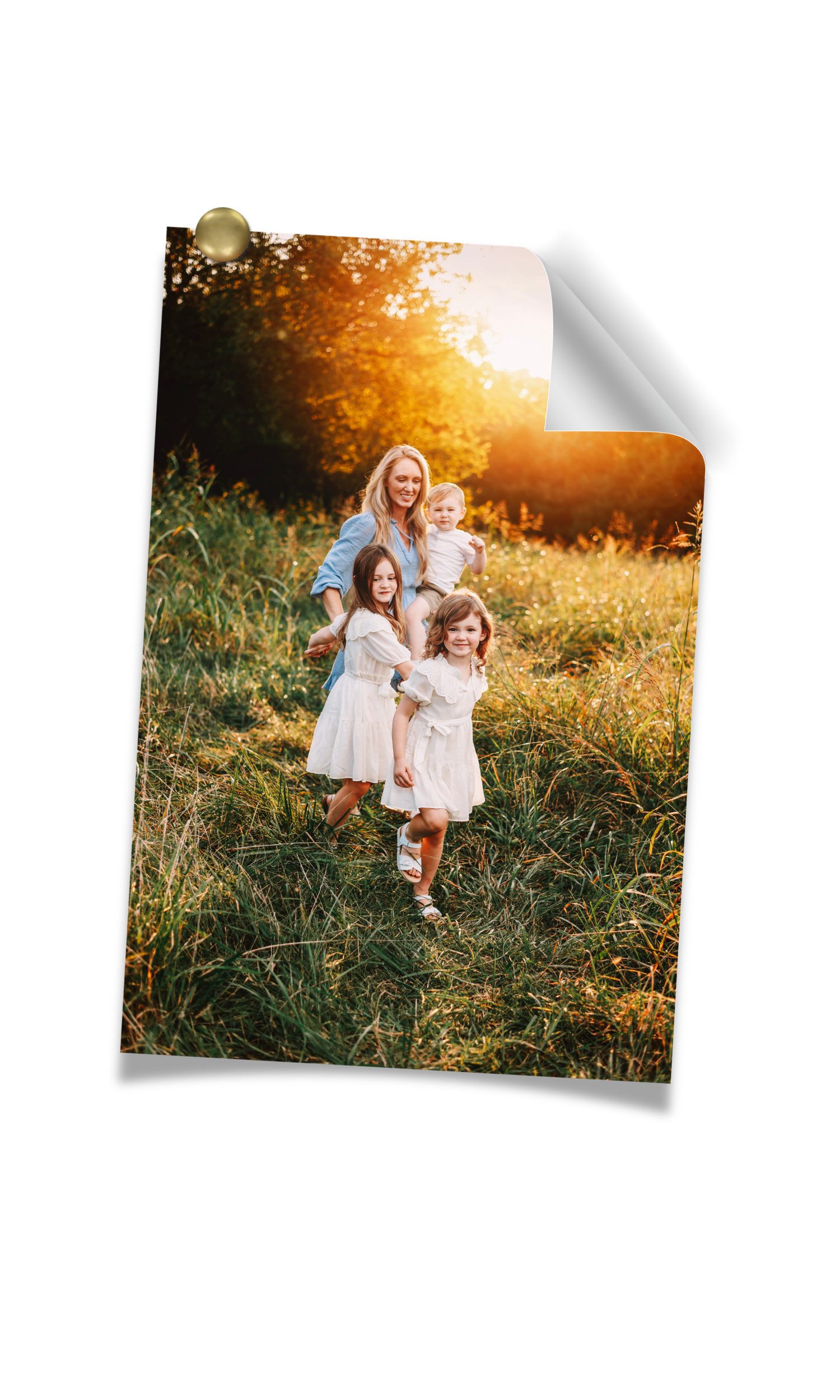 A mother and three young children pose joyfully in a sunlit meadow, wearing white and light blue outfits.