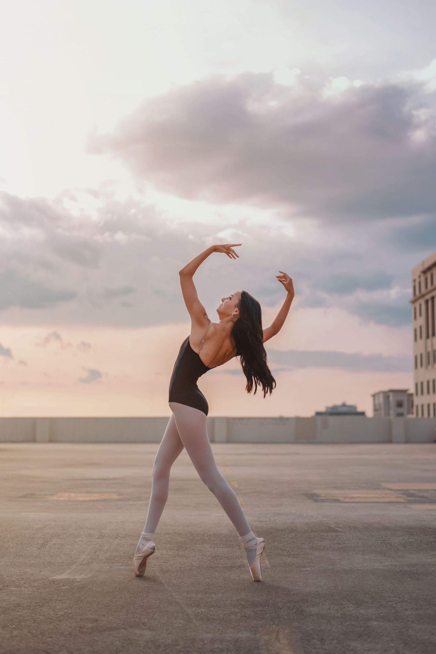 Ballerina in black leotard and pink tights performs graceful pose on rooftop at sunset with cloudy sky backdrop.