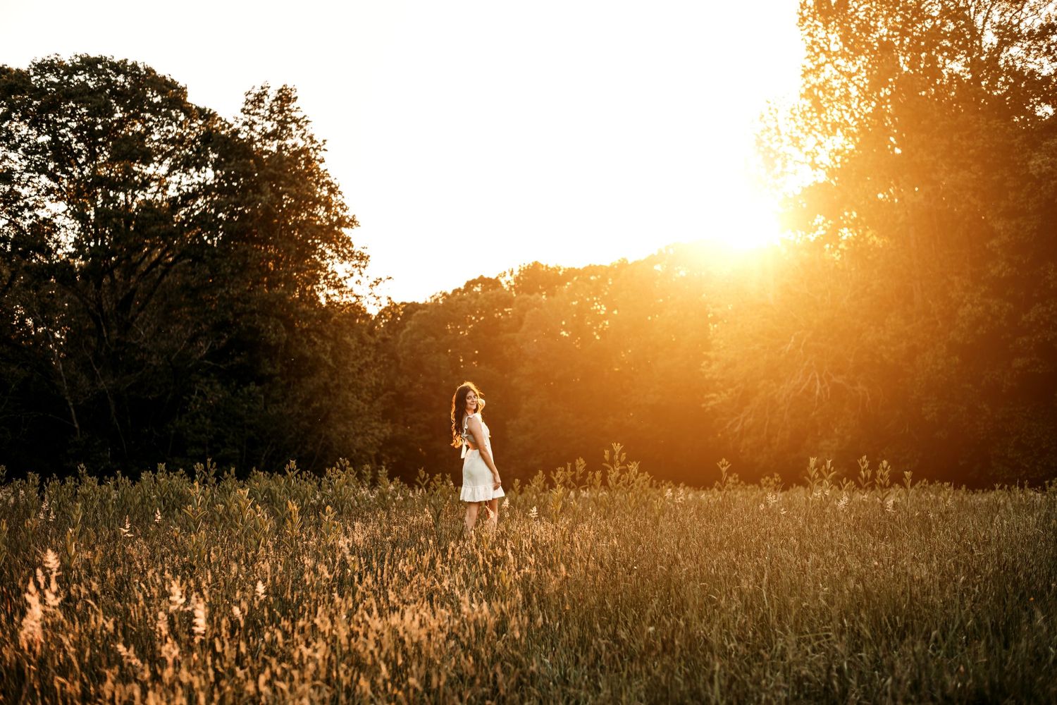 Silhouette of person standing in tall grass field during dramatic sunset.