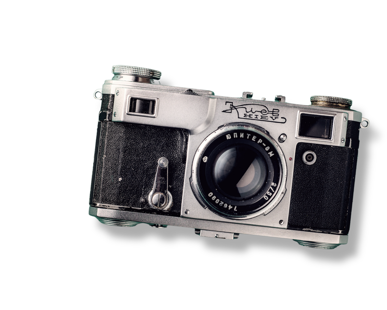 Vintage Soviet rangefinder film camera with 50mm lens, chrome and black body, isolated on white background.
