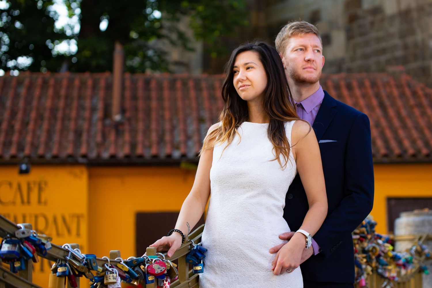 A couple enjoying their engagement photo session taken in Prague, Czech Republic.