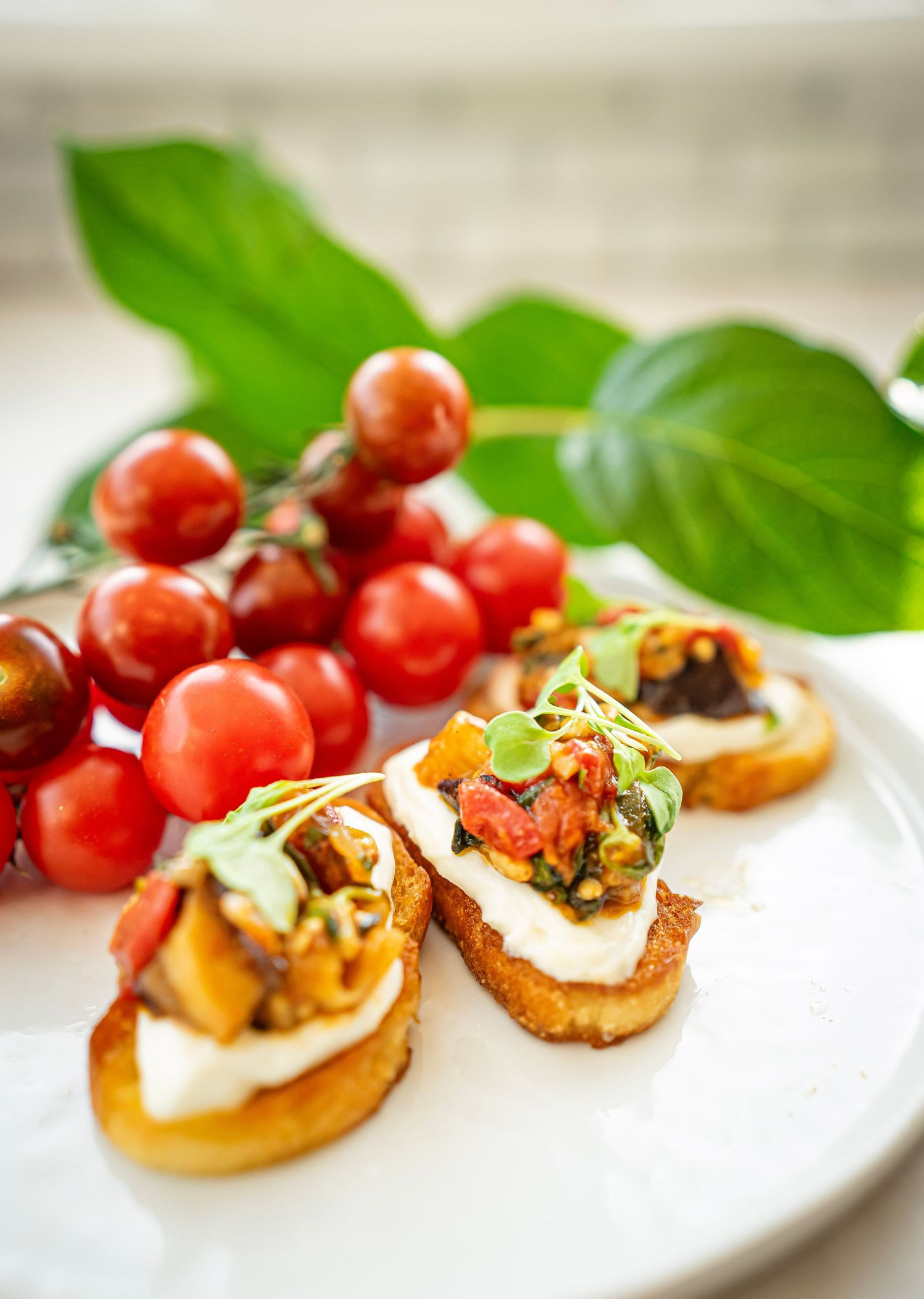 Bruschetta topped with a mixture of vegetables and microgreens. A bunch of red cherry tomatoes with green leaves is visible. Bright & Fresh