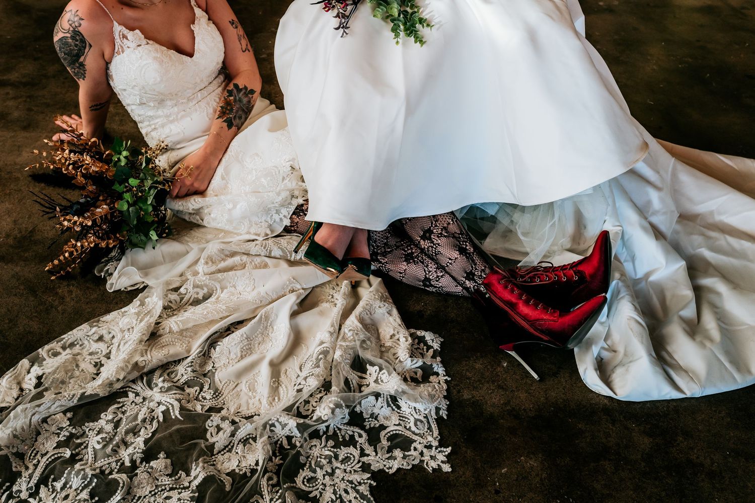 Close-up details of ornate white wedding dress with lace detailing.