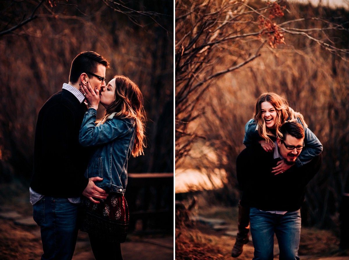 Romantic couple sharing an intimate moment against a warm autumn backdrop at sunset.