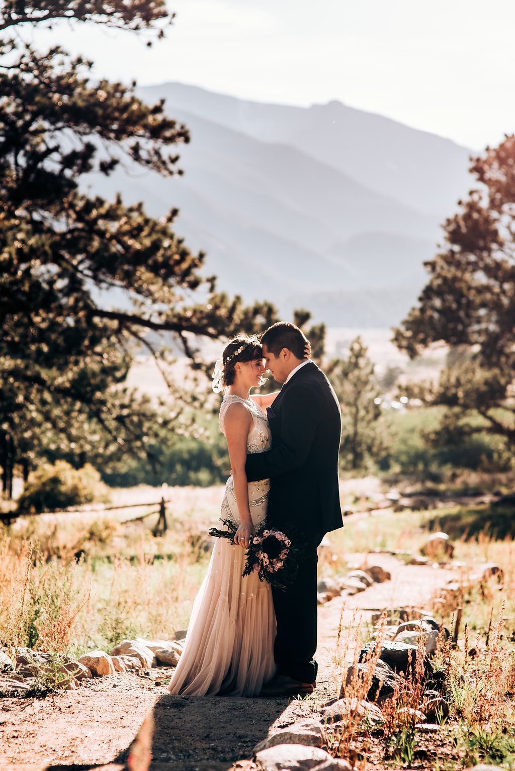 Beautiful mountain elopement scene with blush dress and scenic mountain backdrop.
