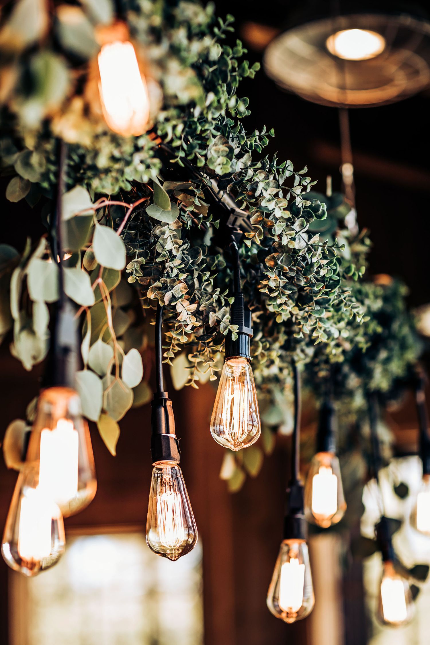 Edison bulbs hanging from greenery and eucalyptus create romantic mood lighting.