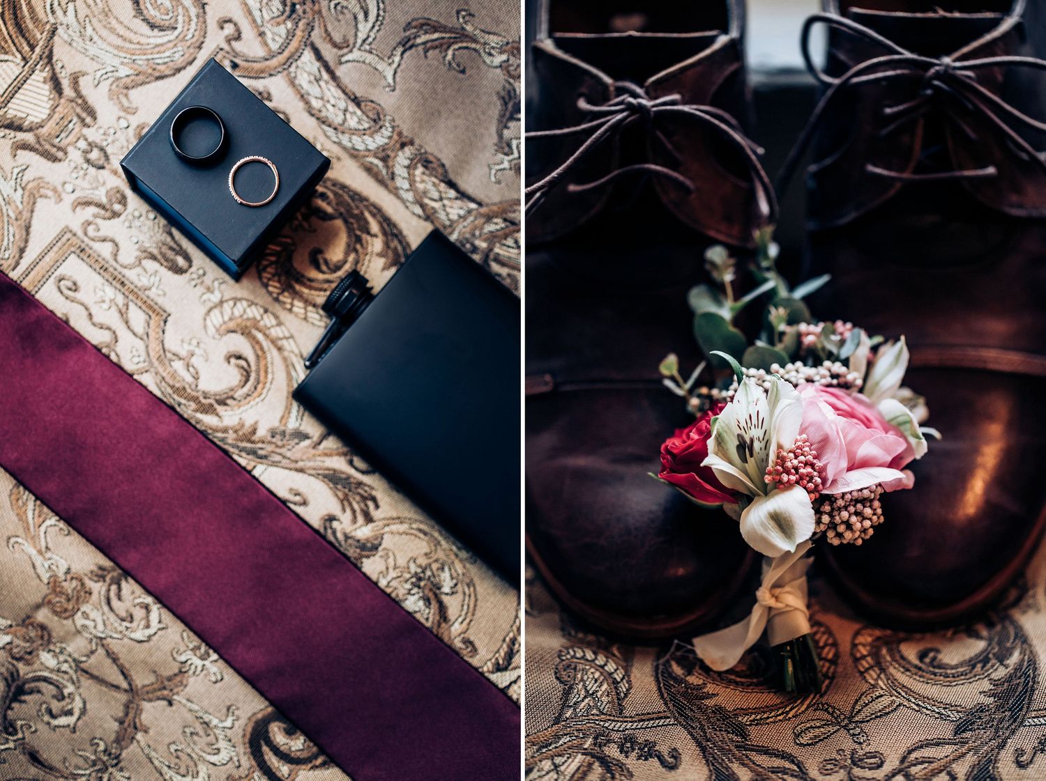 Wedding details featuring a burgundy tie and delicate pink floral bouquet arrangements.