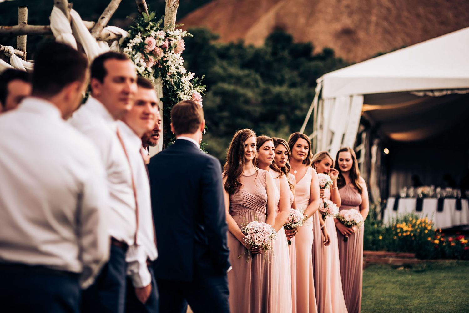 Wedding party in pink and neutral tones poses outdoors with mountain backdrop.