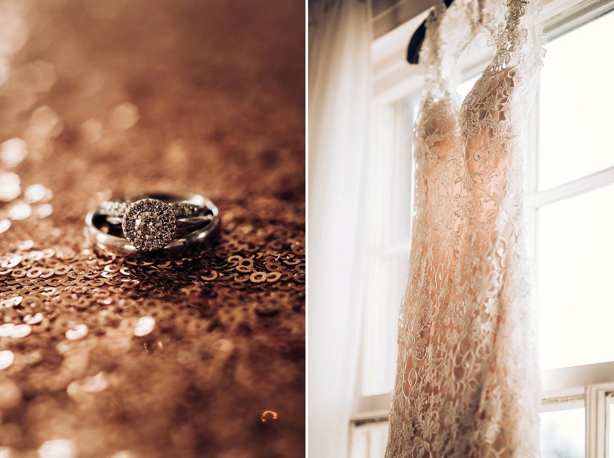 Wedding ring on sparkly surface and lace dress hanging in window diptych composition.