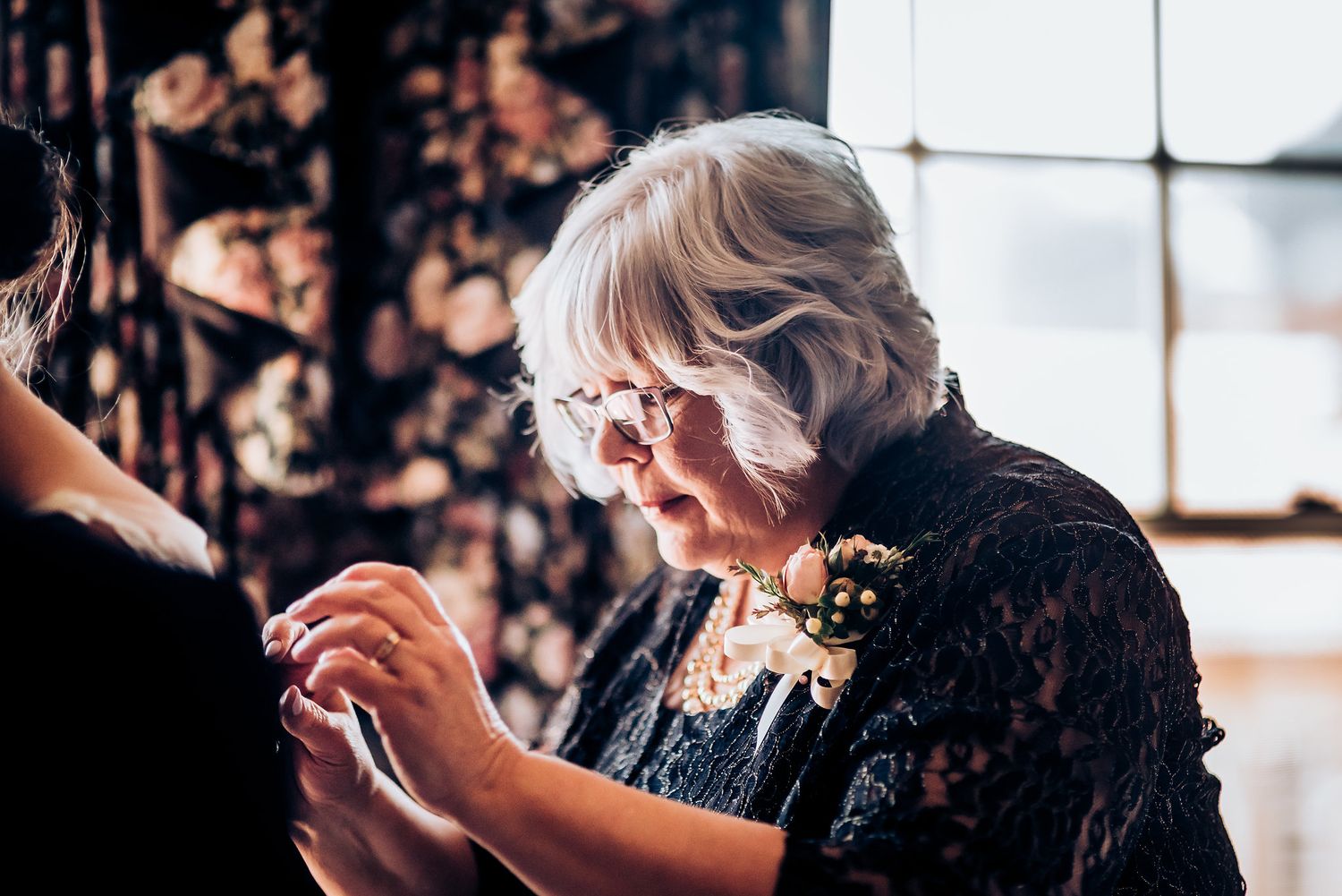 An elegant scene of wedding preparations with lace details and natural lighting.