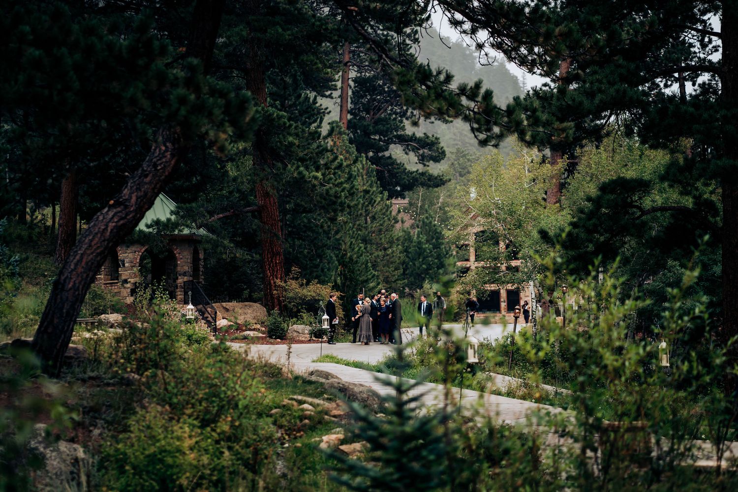 Stone pathway leading to scenic mountain venue surrounded by tall pine trees.