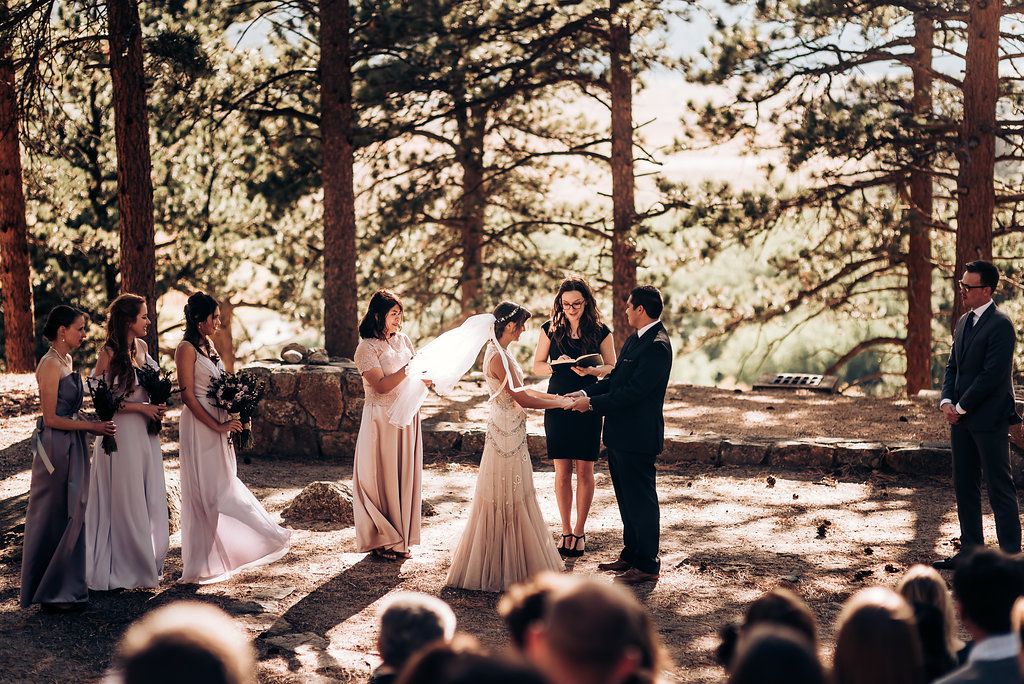 Forest wedding ceremony with attendants in pale dresses standing among pine trees.