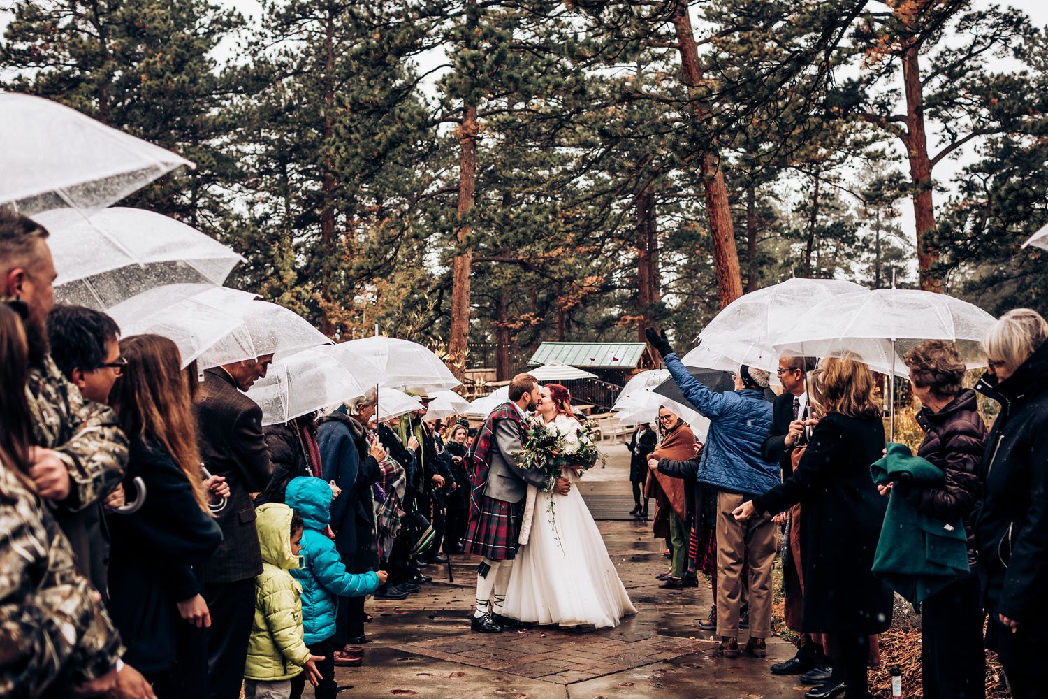Wedding guests holding white umbrellas form an aisle in a pine forest for the ceremony.