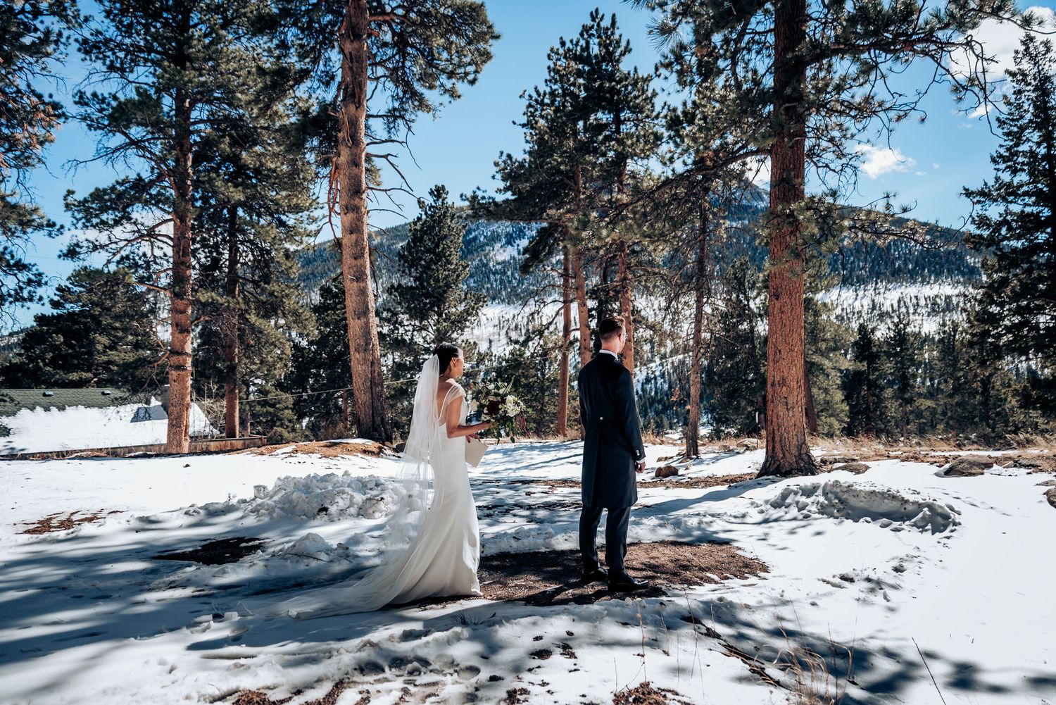 A winter wedding ceremony set among tall pine trees with snow-covered mountains in the background.
