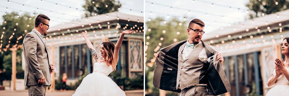 A sequence of candid wedding moments captured outdoors with decorative lighting.