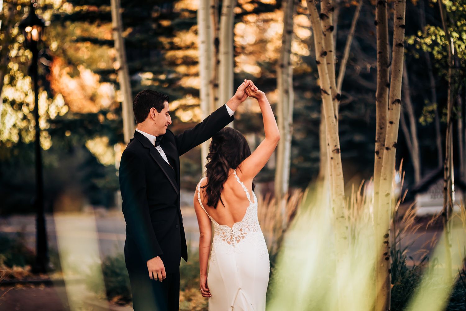 A dancing couple shares an intimate moment surrounded by sunlit birch trees and tall grasses.