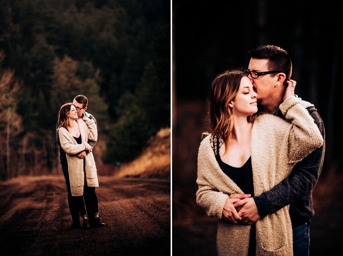 Side-by-side photos of couple embracing on forest path during golden hour.