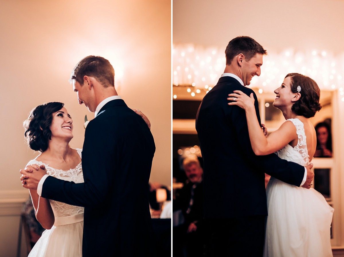 Two views of couple sharing intimate dance moments at their wedding reception.