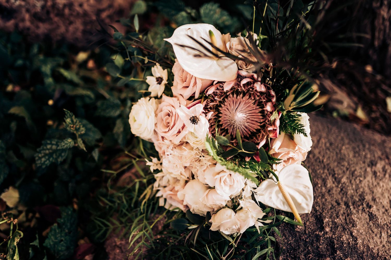 Romantic wedding bouquet featuring blush roses and protea on natural stone surface.