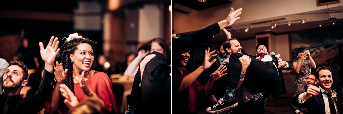 Candid shots of party guests with raised hands enjoying lively celebration.