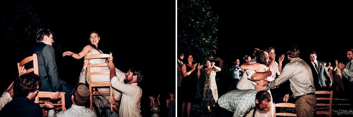 Dynamic dance floor scenes during nighttime wedding reception.