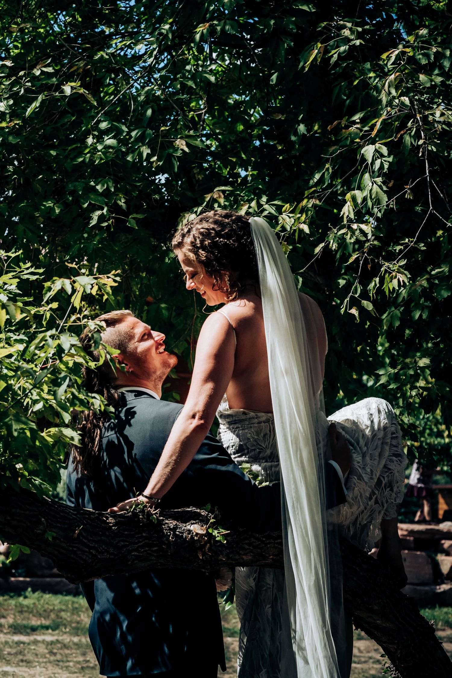 A romantic wedding couple shares an intimate moment while sitting on a fallen tree branch surrounded by lush greenery.