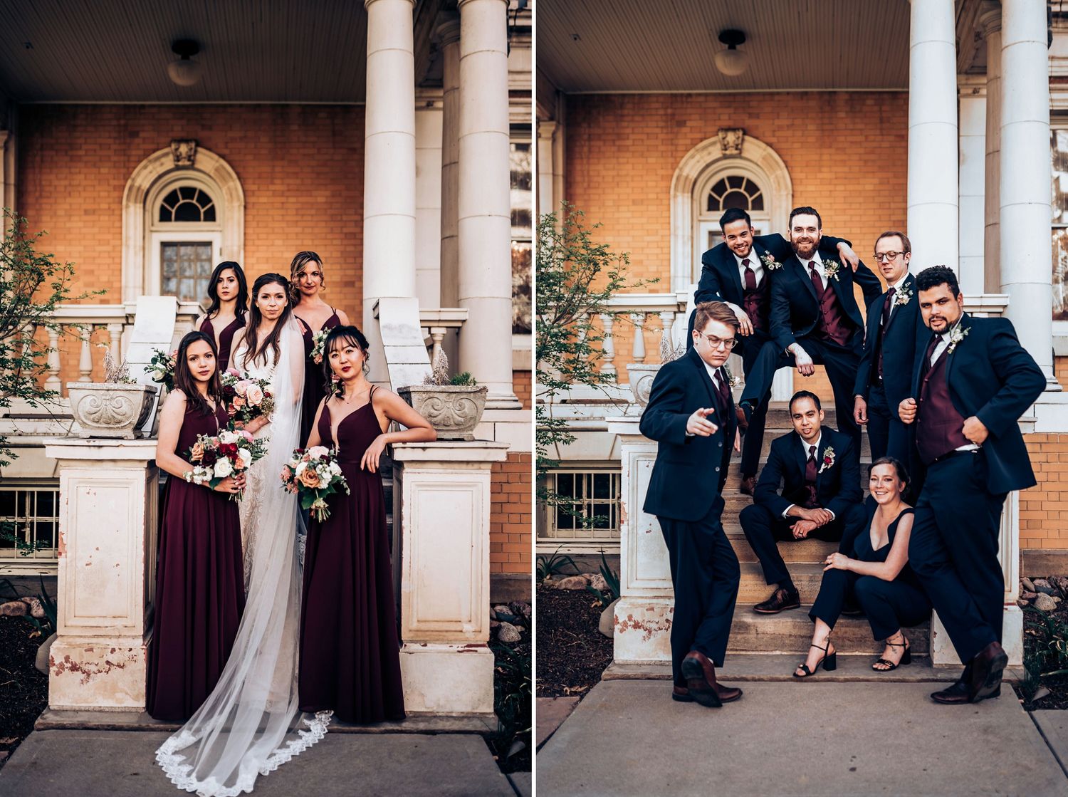 Wedding party poses for formal and fun photos outside elegant brick building with columns.