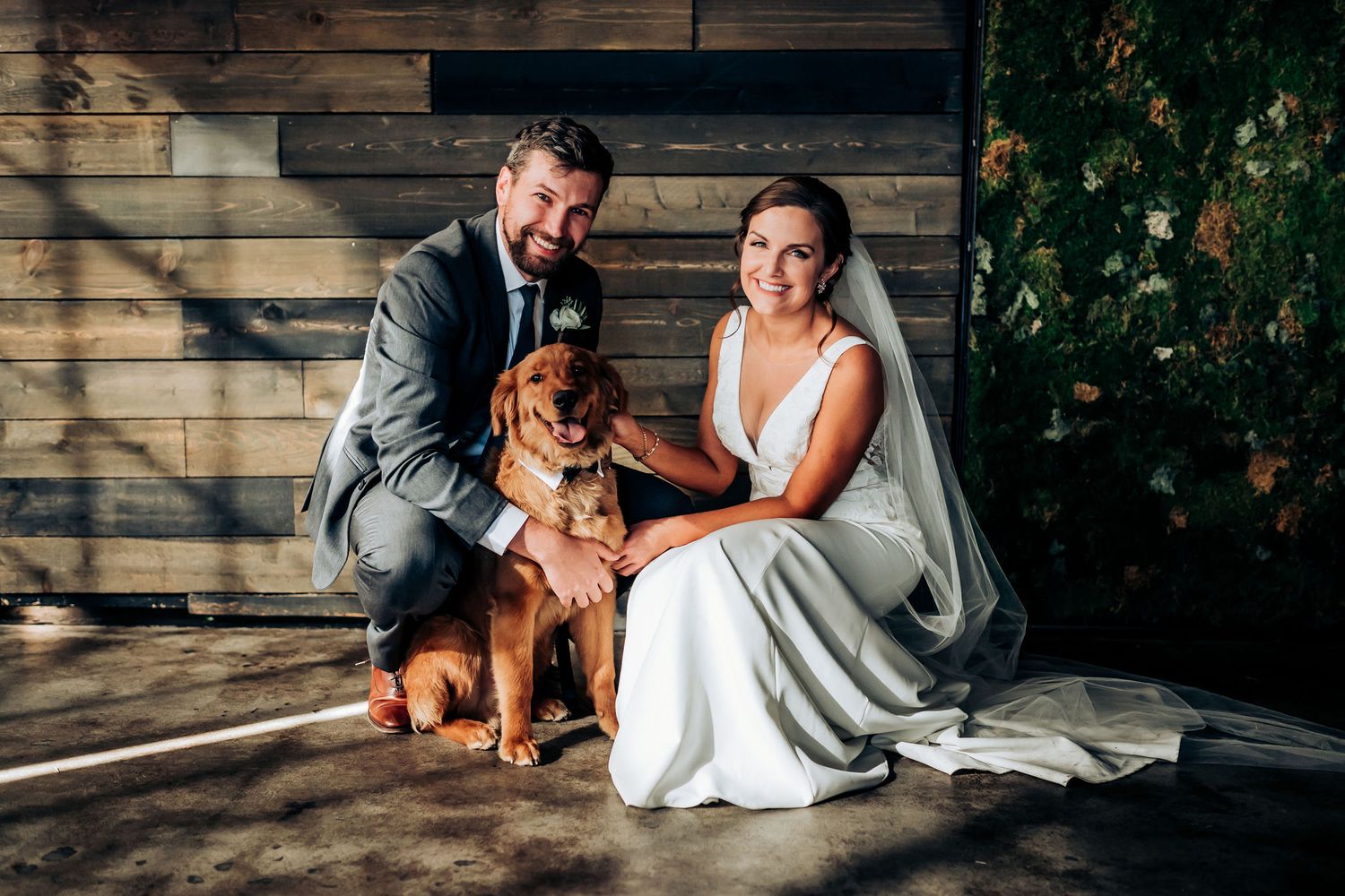 Couple in wedding attire poses with their brown dog against rustic wooden backdrop.