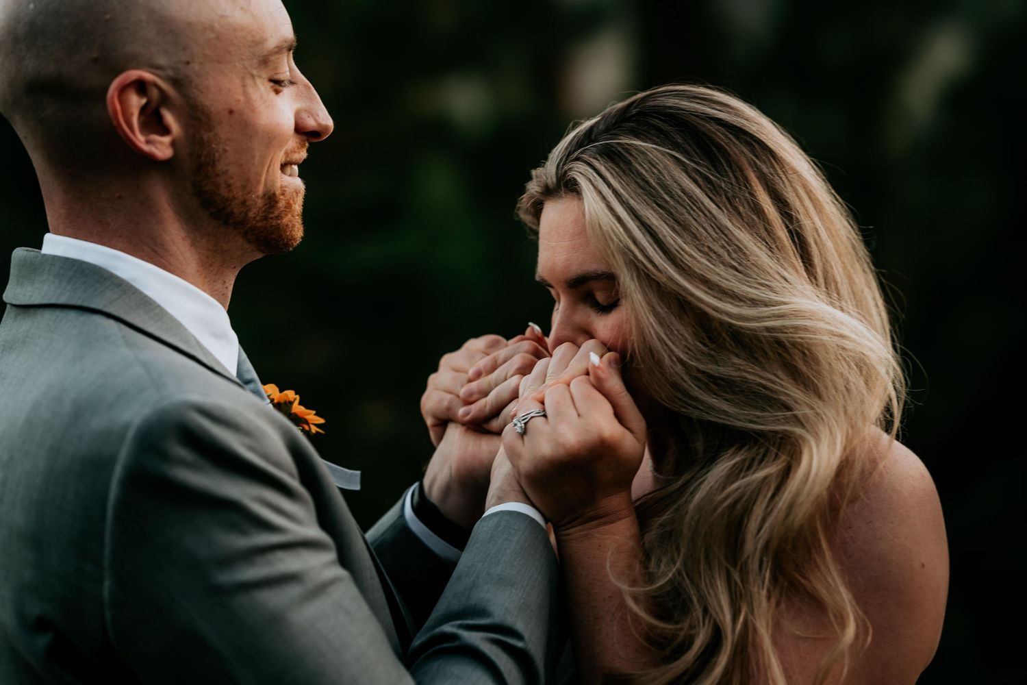 A series of romantic wedding photos showing intimate moments between newlyweds in an outdoor setting.
