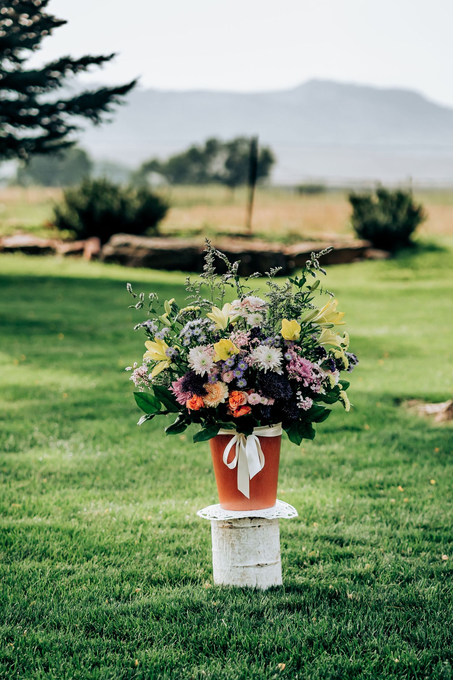 Colorful wildflower bouquet displayed on a birch stump pedestal with mountains in background.