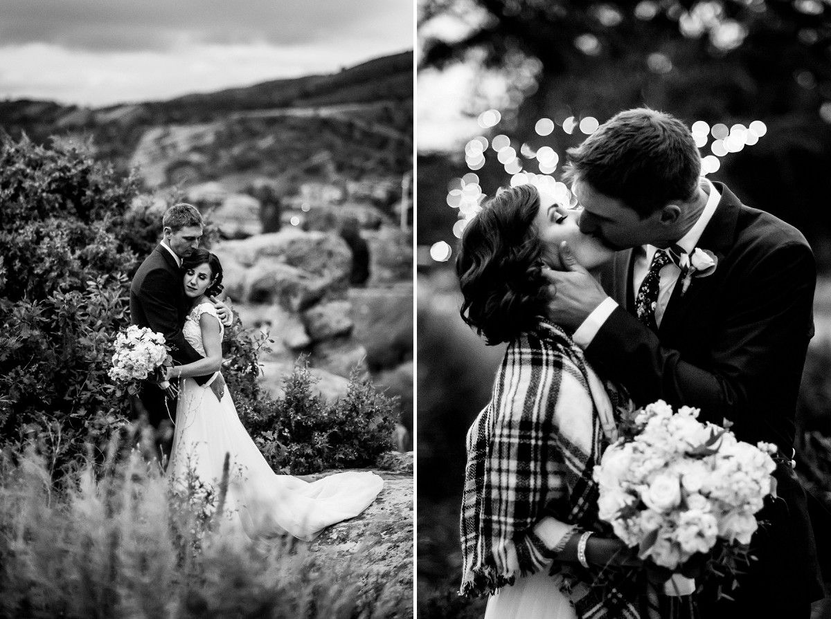 Black and white wedding photos capturing romantic moments with string lights and floral bouquet.