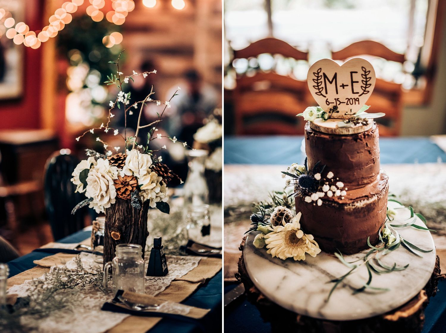 Wedding reception details with floral centerpieces and a rustic chocolate wedding cake.