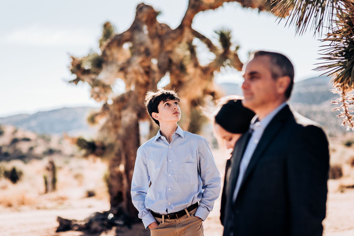A beautiful desert landscape with Joshua trees serves as backdrop for an intimate gathering.
