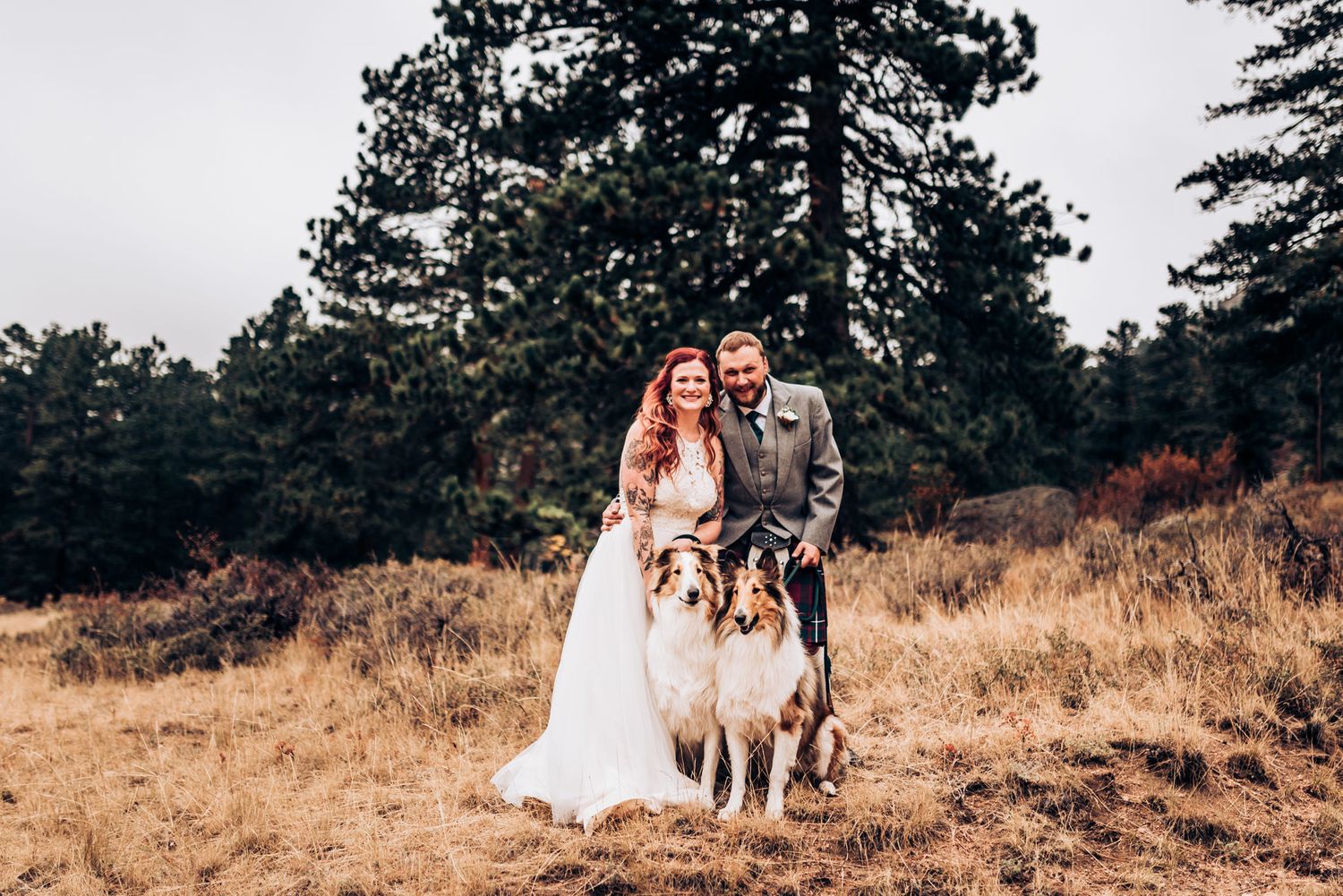 Outdoor wedding portrait with couple and their dogs in mountain landscape.
