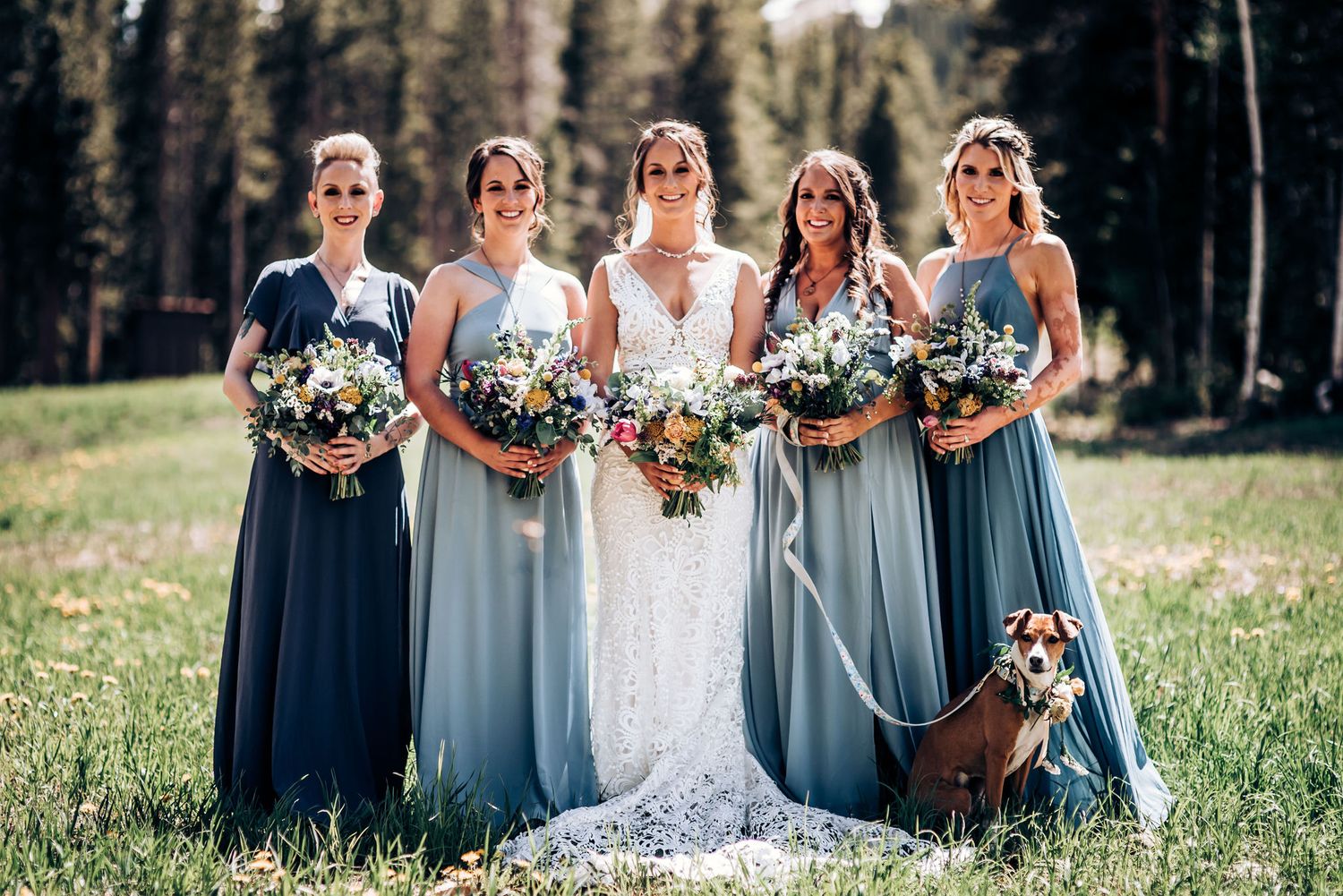 Wedding party with bouquets poses in mountain meadow with pine forest backdrop and dog.