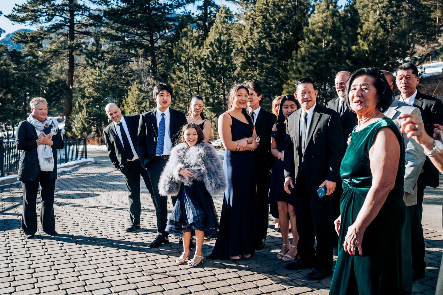 Wedding guests assembled on outdoor terrace surrounded by pine trees for group photo.