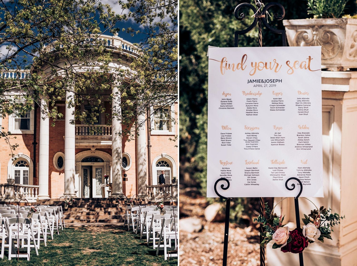 Beautiful mansion wedding venue with white chairs and seating chart display in garden setting.