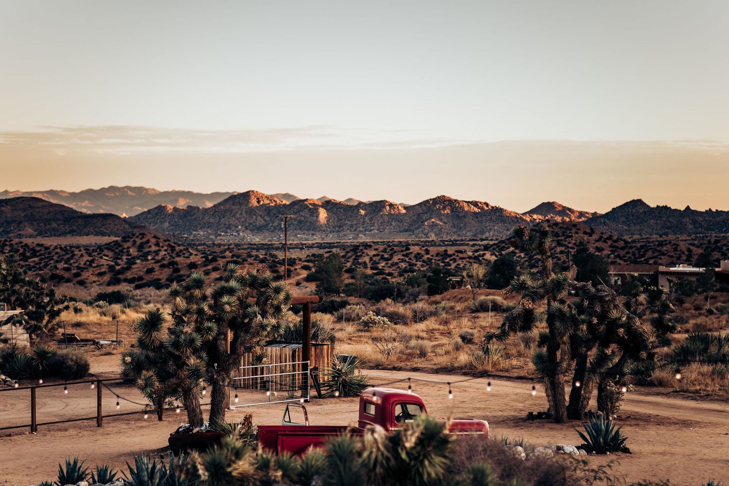 Desert landscape at sunset with outdoor seating area and Joshua trees in Joshua Tree National Park.