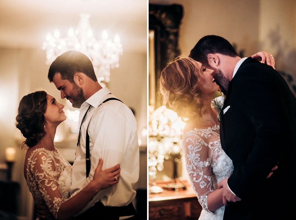 Romantic indoor wedding portraits with chandelier lighting and vintage elegance.