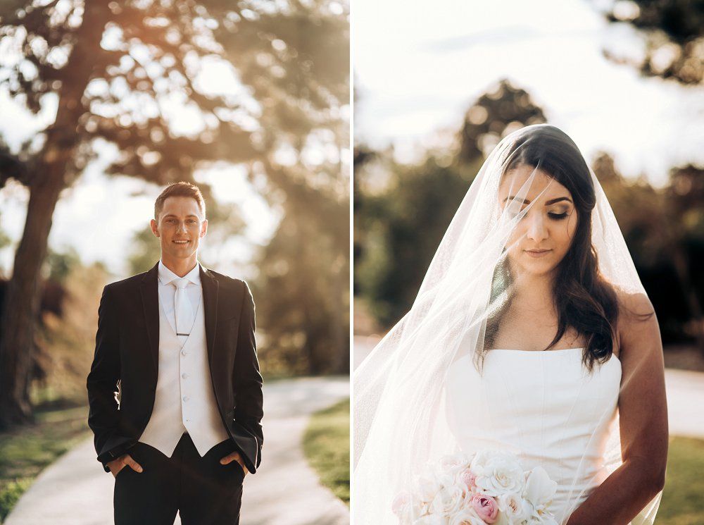 Elegant wedding portraits in a sunlit outdoor setting with soft golden light filtering through trees.