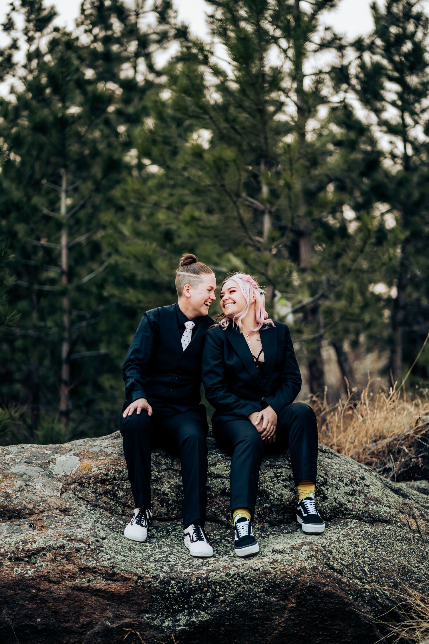 Couple in formal wear sits casually on rocky outcrop surrounded by pine forest.