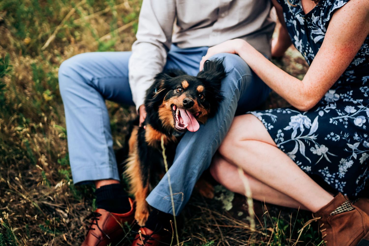 A couple sits outdoors with their dog during an engagement photo session.