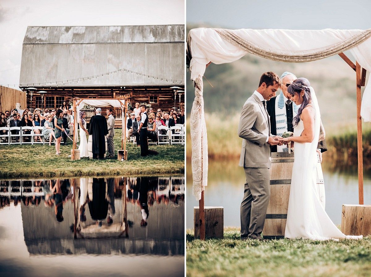 Wedding ceremony scenes at a rustic barn venue with perfect reflections in the adjacent pond.