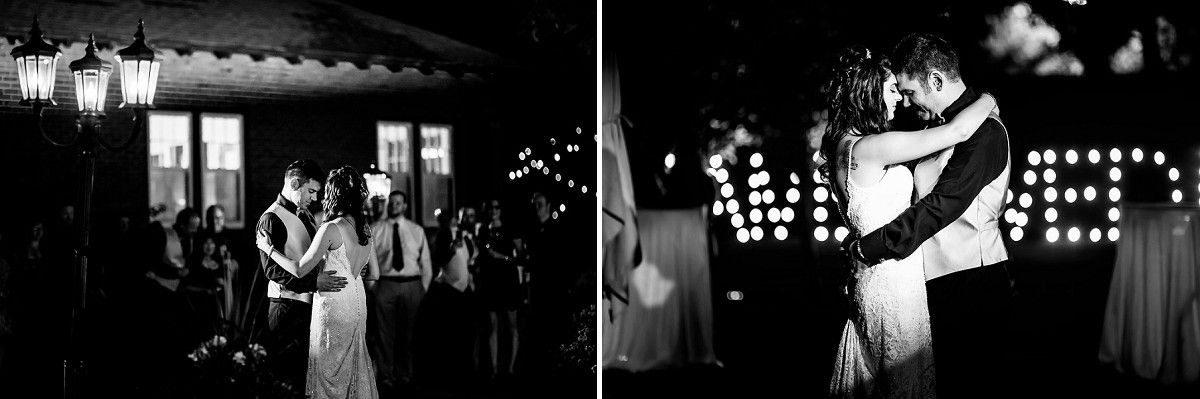 Black and white photos of a wedding dance with romantic lighting.