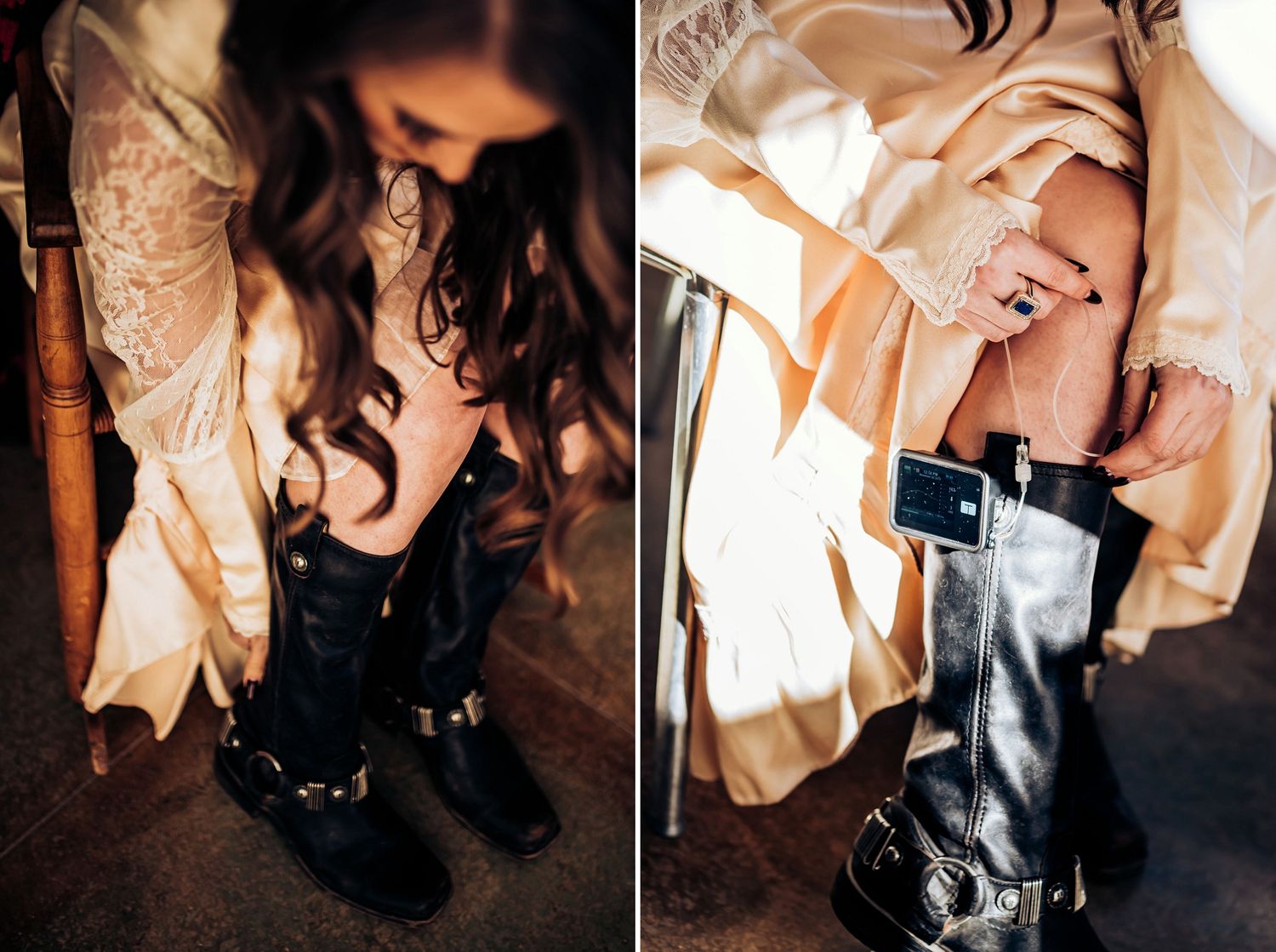 Detail shots of boots and dress during wedding preparation.