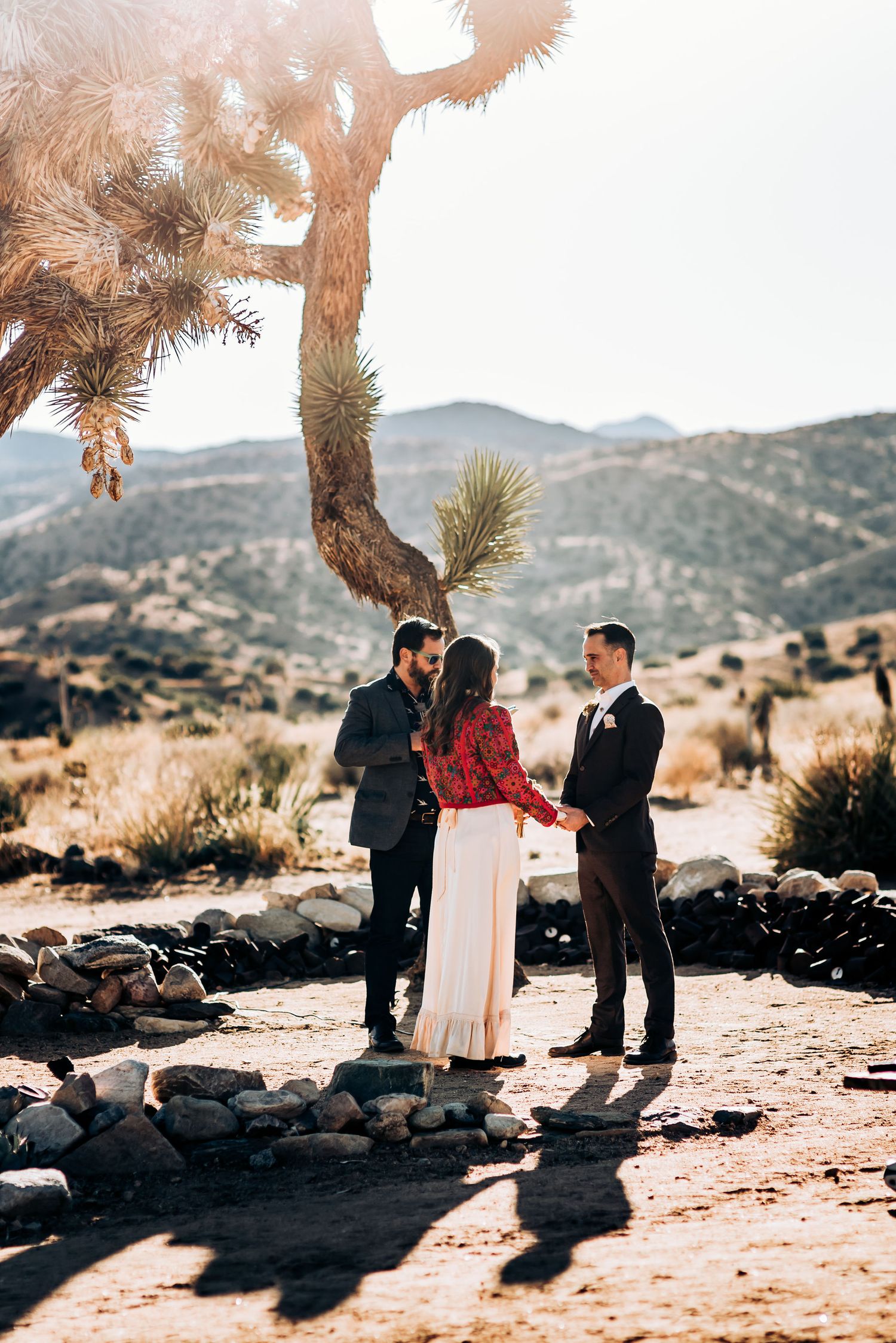 Intimate desert wedding ceremony beneath a Joshua tree with mountains in the background.