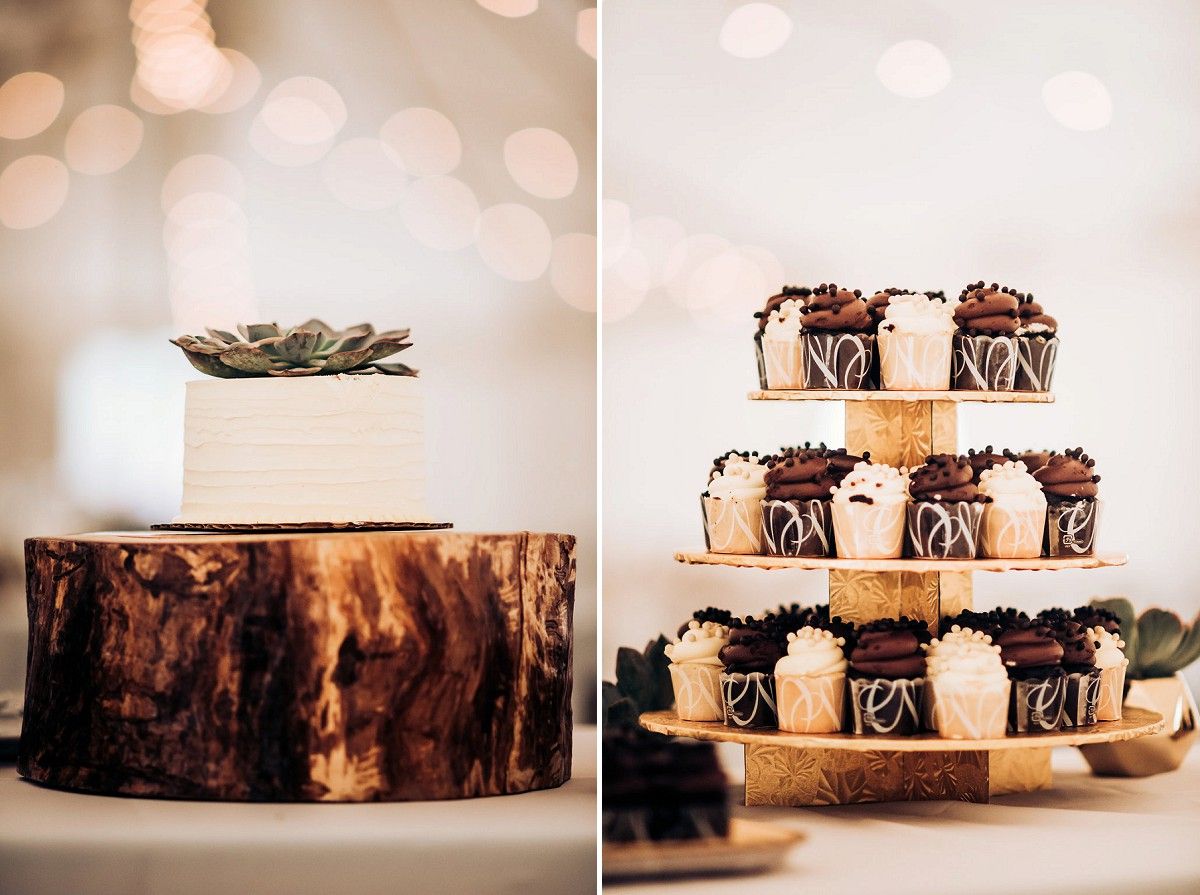 Rustic wood slice cake stand with succulent and tiered cupcake display.
