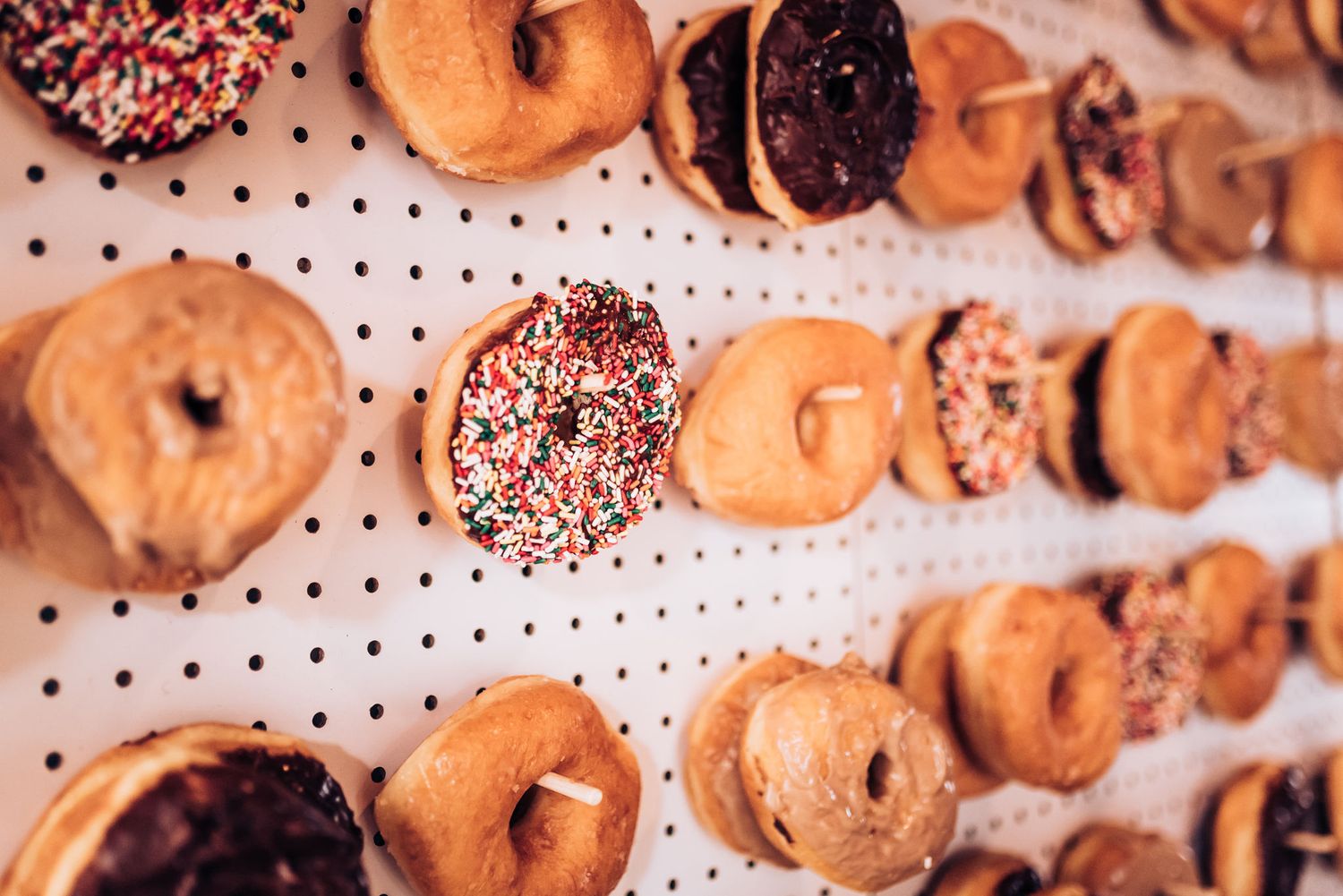 Colorful donuts with sprinkles and glazes arranged in rows on a white pegboard display.