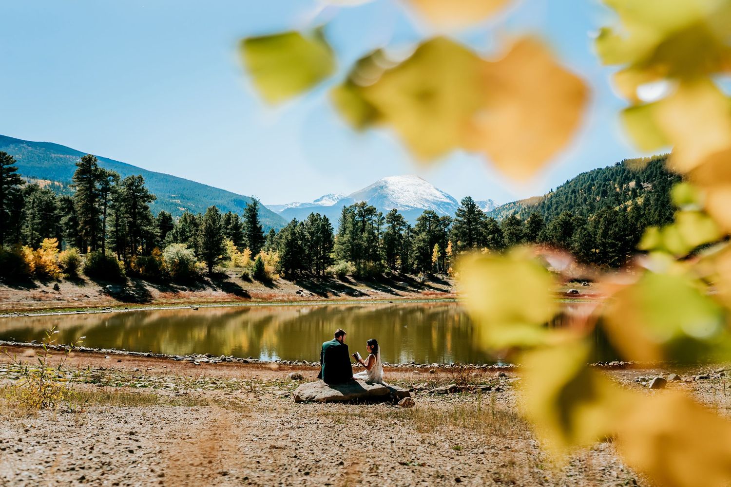 Scenic mountain landscape with lake and autumn foliage reflecting in calm waters.